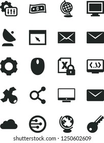Solid Black Vector Icon Set - monitor window vector, envelope, screen, satellite antenna, connections, encrypting, mouse, network, browser, coding, mail, settings, cloud, globe, dollar, key