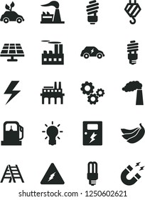 Solid Black Vector Icon Set - lightning vector, hook, ladder, saving light bulb, dangers, bananas, solar panel, gas station, manufacture, factory, industrial building, enterprise, energy, mercury