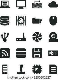 Solid Black Vector Icon Set - laptop vector, monitor, keyboard, rss feed, big data, smd, fan, radiator, mouse, pc power supply, tower, web camera, usb, router, folder, floppy, joystick, cloud, file