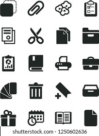 Solid Black Vector Icon Set - scissors vector, clip, bin, add bookmark, clean paper, e, sample of colour, book, folder, drawer, survey, gift, copy, popcorn, portfolio, statistical overview, printer