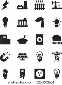 Solid Black Vector Icon Set - lightning vector, boiler, a bowl of buckwheat porridge, solar panel, oil derrick, modern gas station, manufacture, bulb, light, hydroelectricity, power pole, socket