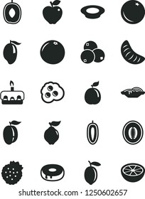 Solid Black Vector Icon Set - slices of onion vector, torte, cake with a hole, plate milk, omelette, strawberries, orange, quince, red apple, blueberries, mango, delicious plum, half melon, ripe