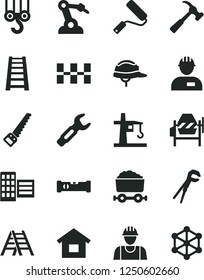 Solid Black Vector Icon Set - dwelling vector, builder, workman, winch hook, concrete mixer, adjustable wrench, arm saw, new roller, stepladder, ladder, construction level, city block, ceramic tiles