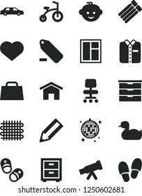 Solid Black Vector Icon Set - heart symbol vector, remove label, bedside table, storage unit, rubber duck, children's hairdo, child bicycle, shoes, window, home, folded shirt, weaving, pencil, chair