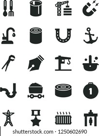 Solid Black Vector Icon Set - iron fork spoons vector, crane, tower, adjustable wrench, sewerage, kitchen faucet, anchor, canned goods, tin, power line, pipes, metallurgy, aluminum radiator, magnet