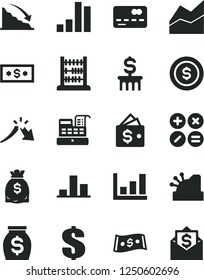 Solid Black Vector Icon Set - dollar vector, line chart, abacus, math actions, front of the bank card, bar, recession, a crisis, money, dollars, cash machine, cashbox, growth graph, coin, column
