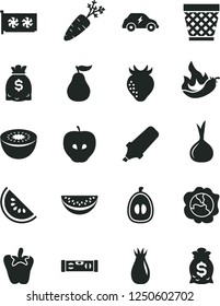 Solid Black Vector Icon Set - wicker pot vector, building level, peper, squash, tasty apple, strawberry, rose hip, slice of water melon, half loquat, kiwi, ripe guava, hot pepper, onion, carrot
