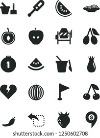 Solid Black Vector Icon Set - pennant vector, electronic thermometer e, toy sand set, children's, concrete mixer, broken heart, move left, slices of onion, cherry, tasty apple, strawberry, rose hip
