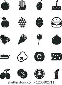 Solid Black Vector Icon Set - cake vector, piece of cheese, big burger, slice, grill chicken leg, Chupa Chups, fried potato slices, egg, biscuit, peach, half apricot, pomegranate, branch grape, plum