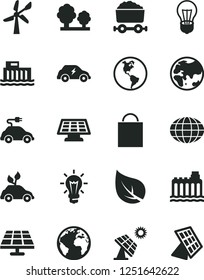 Solid Black Vector Icon Set - sign of the planet vector, paper bag, solar panel, big, leaf, wind energy, Earth, bulb, hydroelectric station, hydroelectricity, trees, electric car, trolley with coal