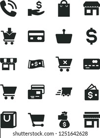 Solid Black Vector Icon Set - cart vector, put in, crossed, bag with handles, cards, kiosk, shopping basket, reverse side of a bank card, front the, denomination dollar, get wage, phone call, wallet