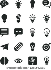 Solid Black Vector Icon Set - image of thought vector, matte light bulb, incandescent lamp, paper airplane, Puzzles, saving, eye, Hot Dog, think, brain, target, dialog, idea