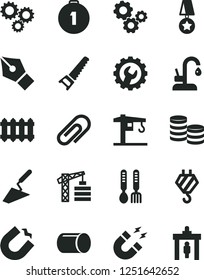 Solid Black Vector Icon Set - clip vector, iron fork spoons, crane, tower, hook, trowel, hand saw, gear, new radiator, kitchen faucet, horseshoe magnet, pipe, gears, three, coins, ink pen, star