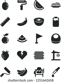 Solid Black Vector Icon Set - paint roller vector, yardstick, pennant, baby bib, concrete mixer, new, broken heart, onion, orange slice, strawberry, blueberry, passion fruit, banana, bananas, kiwi