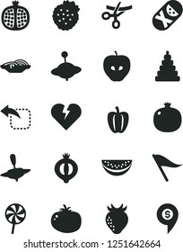 Solid Black Vector Icon Set - wind direction indicator vector, stacking toy, tumbler, yule, small, broken heart, move left, slices of onion, tomato, lollipop, strawberries, pomegranate, half, medlar