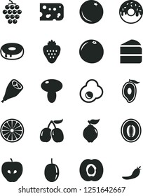 Solid Black Vector Icon Set - piece of cheese vector, mushroom, cake, with a hole, glazed, grill chicken leg, fried egg, strawberry, orange, half apricot, large grape, quince, tasty apple, cornels