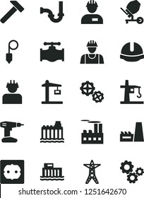 Solid Black Vector Icon Set - builder vector, workman, gears, concrete mixer, drill, sewerage, power socket type f, construction helmet, plummet, hammer, valve, hydroelectric station, line