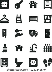 Solid Black Vector Icon Set - house vector, bedside table, cradle, baby cot, wooden paint brush, stepladder, toilet, power socket type b, f, interroom door, radiator, kitchen faucet, boiler, home