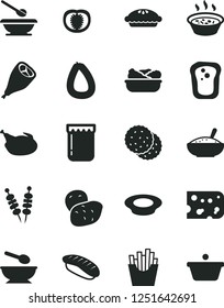 Solid Black Vector Icon Set - deep plate with a spoon vector, plates and spoons, stick of sausage, piece cheese, fried vegetables on sticks, pie, bowl rice porridge, in saucepan, lettuce, milk, jam