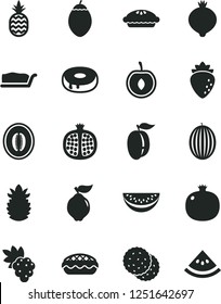 Solid Black Vector Icon Set - cake slice vector, with a hole, pie, apple, pineapple, biscuit, pomegranate, half, grape, quince, raspberry, medlar, melon, water, ripe plum, cherry, tamarillo, of