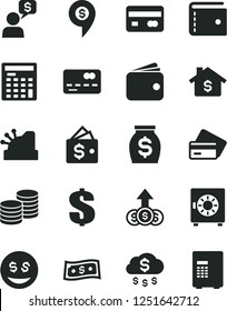 Solid Black Vector Icon Set - purse vector, dollar, strongbox, coins, reverse side of a bank card, front the, wallet, money, engineer calculator, cashbox, rain, mortgage, eyes, growth, dialog, pin