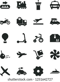 Solid Black Vector Icon Set - truck lorry vector, child bicycle, Kick scooter, core, car, delivery, cardboard box, shipment, marine propeller, production conveyor, electric, private plane, train
