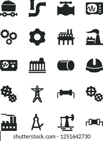 Solid Black Vector Icon Set - gears vector, cogwheel, construction helmet, working oil derrick, valve, water pipes, factory, hydroelectricity, power line, industrial building, enterprise, pipe