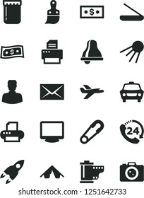 Solid Black Vector Icon Set - bell vector, envelope, camera roll, safety pin, plastic brush, car, 24, artificial satellite, jam, woman, monitor, printer, scanner, rocket, dollar, private plane, tent