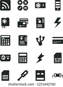 Solid Black Vector Icon Set - lightning vector, bank card, calculator, rss feed, electronic thermometer e, cards, math actions, SIM, engineer, pc power supply, tower, motherboard, usb, oscilloscope