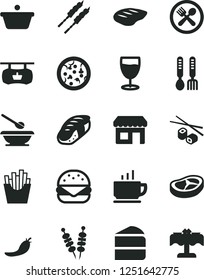 Solid Black Vector Icon Set - plates and spoons vector, iron fork, coffee, fried vegetables on sticks, pizza, big burger, piece of cake, bacon, chop, barbecue, French fries, Chinese chopsticks, pan