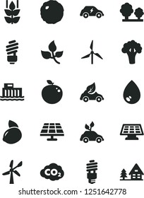 Solid Black Vector Icon Set - saving light bulb vector, drop, cabbage, mint, yellow lemon, delicious apple, broccoli, solar panel, leaves, windmill, wind energy, hydroelectric station, trees, sun