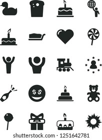 Solid Black Vector Icon Set - rubber duck vector, teddy bear, baby toy train, cake, birthday, heart, Easter, slice, torte, Chupa Chups, lollipop, gift, man hold world, hands up, stars around, sun
