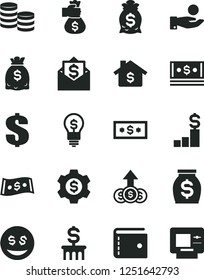 Solid Black Vector Icon Set - purse vector, dollar, coins, catch a coin, money, dollars, cash, bag hand, mortgage, pedestal, column, gear, idea, eyes, growth, mail, atm