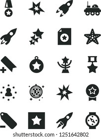 Solid Black Vector Icon Set - add bookmark vector, remove label, rocket, lunar rover, bang, star cup, medal, hero, certificate, stars around man, three, disco ball, starfish, compass