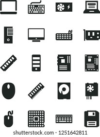 Solid Black Vector Icon Set - laptop vector, keyboard, screen, processor, notebook pc, mouse, power supply, tower, motherboard, memory, card, hdd, floppy