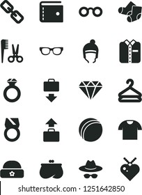 Solid Black Vector Icon Set - purse vector, spectacles, hat with glasses, bath ball, accessories for a hairstyle, Knitted Socks, winter, warm, T shirt, folded, hanger, diamond, ring, gold, baggage