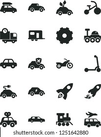 Solid Black Vector Icon Set - truck lorry vector, motor vehicle, present, baby toy train, tricycle, child Kick scooter, delivery, environmentally friendly transport, electric car, retro, autopilot