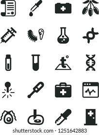 Solid Black Vector Icon Set - first aid kit vector, electronic thermometer e, bag of a paramedic, temperature, cardiogram, goji berry, flask, mercury, research article, test tube, dna, bactery