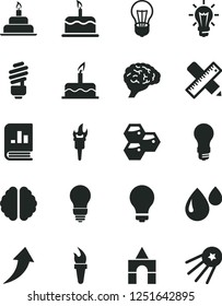 Solid Black Vector Icon Set - matte light bulb vector, box of bricks, cake, birthday, saving, writing accessories, honeycombs, drop, book on statistics, brain, flame torch, arrow up, first satellite