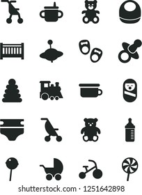 Solid Black Vector Icon Set - baby cot vector, dummy, mug for feeding, measuring bottle, diaper, bib, stroller, summer, sitting, stacking rings, roly poly doll, children's potty, teddy bear, small