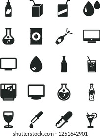 Solid Black Vector Icon Set - vector e, packing of juice with a straw, drop, screen, glass soda, tea, bottle, liquor, round flask, oil, monitor, pipette, champagne, cocktail