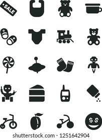 Solid Black Vector Icon Set - baby powder vector, bib, Child T shirt, warm socks, toy mobile phone, children's potty, teddy bear, small, train, yule, bicycle, tricycle, shoes, piece of cake, robot