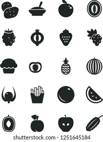 Solid Black Vector Icon Set - cake vector, a bowl of buckwheat porridge, French fries, strawberry, pineapple, orange slice, peach, grape, tasty apple, half medlar, blackberry, water melon, physalis