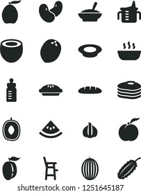 Solid Black Vector Icon Set - measuring cup for feeding vector, bottle, a chair child, loaf, pie, bowl of buckwheat porridge, hot, plate milk, pancakes, ripe peach, melon, loquat, delicious plum