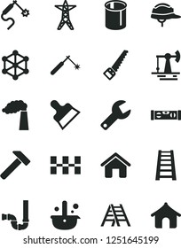 Solid Black Vector Icon Set - repair key vector, house, arm saw, stepladder, ladder, siphon, building level, ceramic tiles, helmet, putty knife, hammer, working oil derrick, manufacture, power line