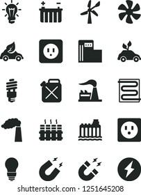 Solid Black Vector Icon Set - bulb vector, power socket type b, heating coil, radiator, marine propeller, modern gas station, wind energy, manufacture, factory, battery, hydroelectricity, canister