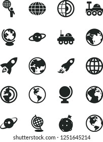 Solid Black Vector Icon Set - sign of the planet vector, globe, earth, space rocket, core, saturn, lunar rover, man hold world, flag on moon
