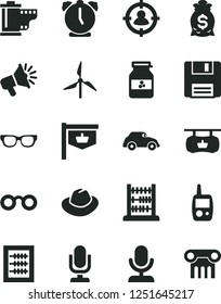 Solid Black Vector Icon Set - desktop microphone vector, hat, camera roll, new abacus, toy mobile phone, alarm clock, jar of jam, windmill, retro car, vintage sign, antique advertising signboard