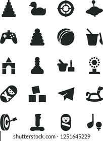 Solid Black Vector Icon Set - paper airplane vector, rubber duck, bath ball, stacking rings, toy, roly poly doll, tumbler, sand set, children's, yule, rocking horse, cubes for children, joystick