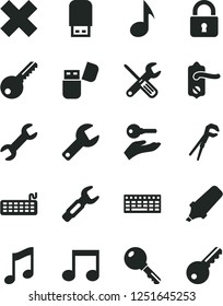 Solid Black Vector Icon Set - repair key vector, cross, small tools, adjustable wrench, door knob, lock, music, steel, text highlighter, keyboard, usb flash, note, arm with